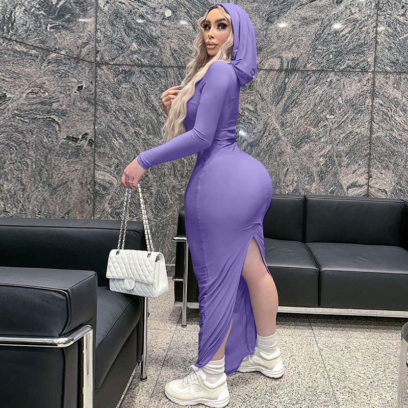 Fashionable Slim Fit Hooded Dress With Hip Opening