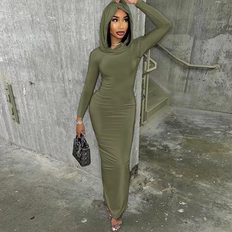 Fashionable Slim Fit Hooded Dress With Hip Opening