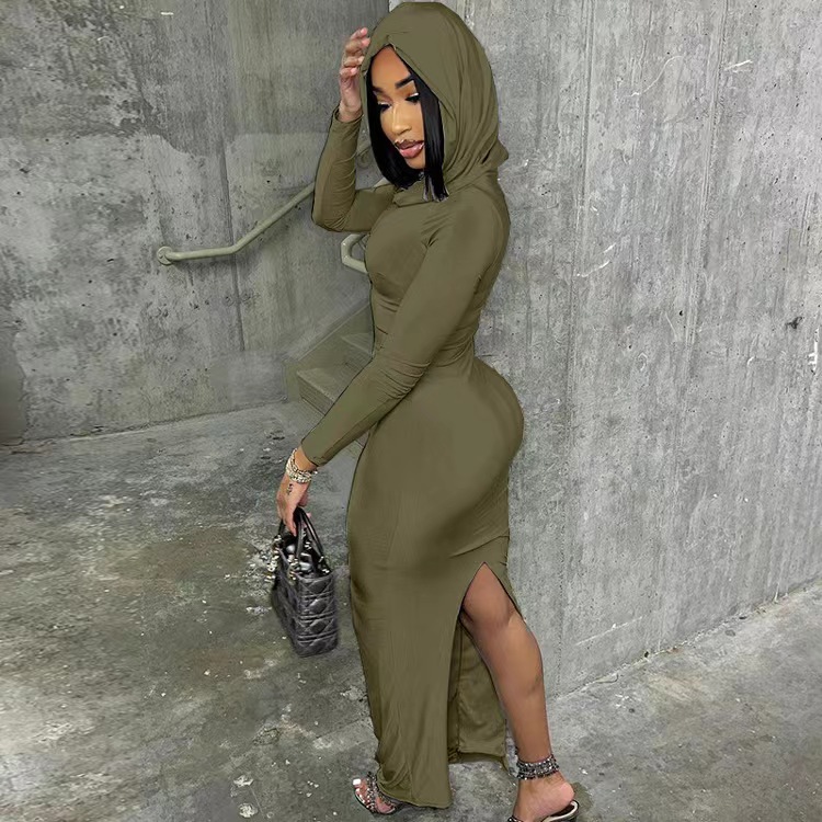Fashionable Slim Fit Hooded Dress With Hip Opening