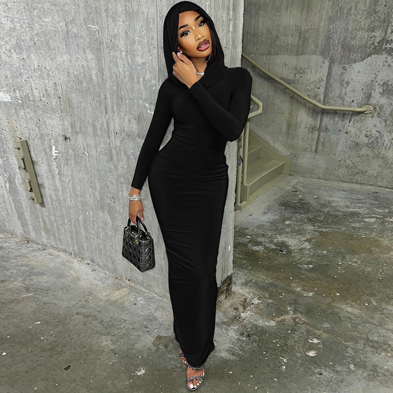 Fashionable Slim Fit Hooded Dress With Hip Opening