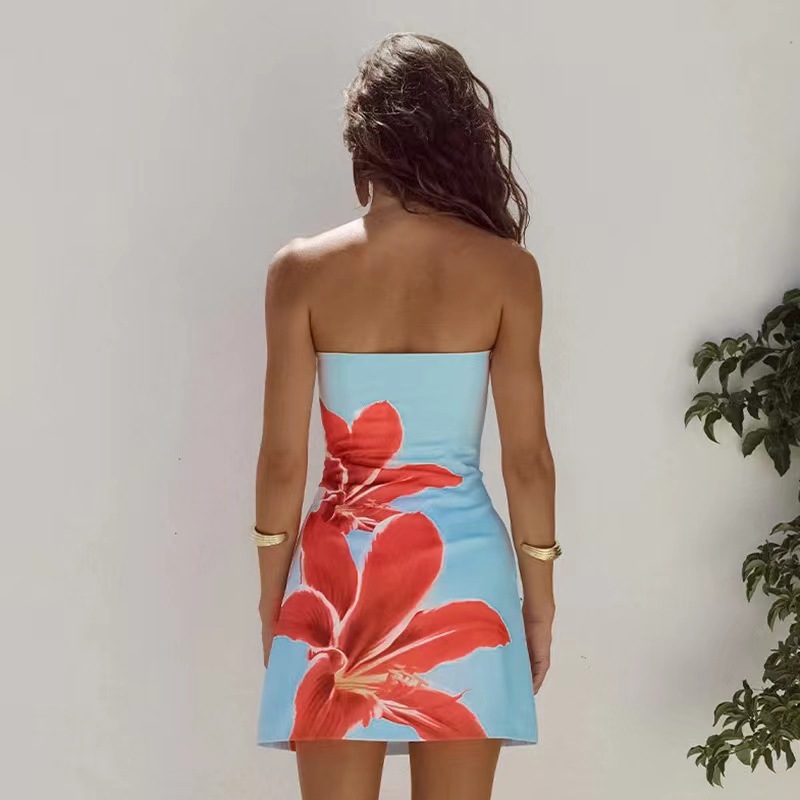 Flower Print Strapless And Hip Hugging Dress Mini Skirt