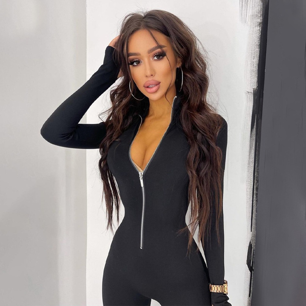 Long Sleeved Metal Zipper Slim Fit Sports Jumpsuit