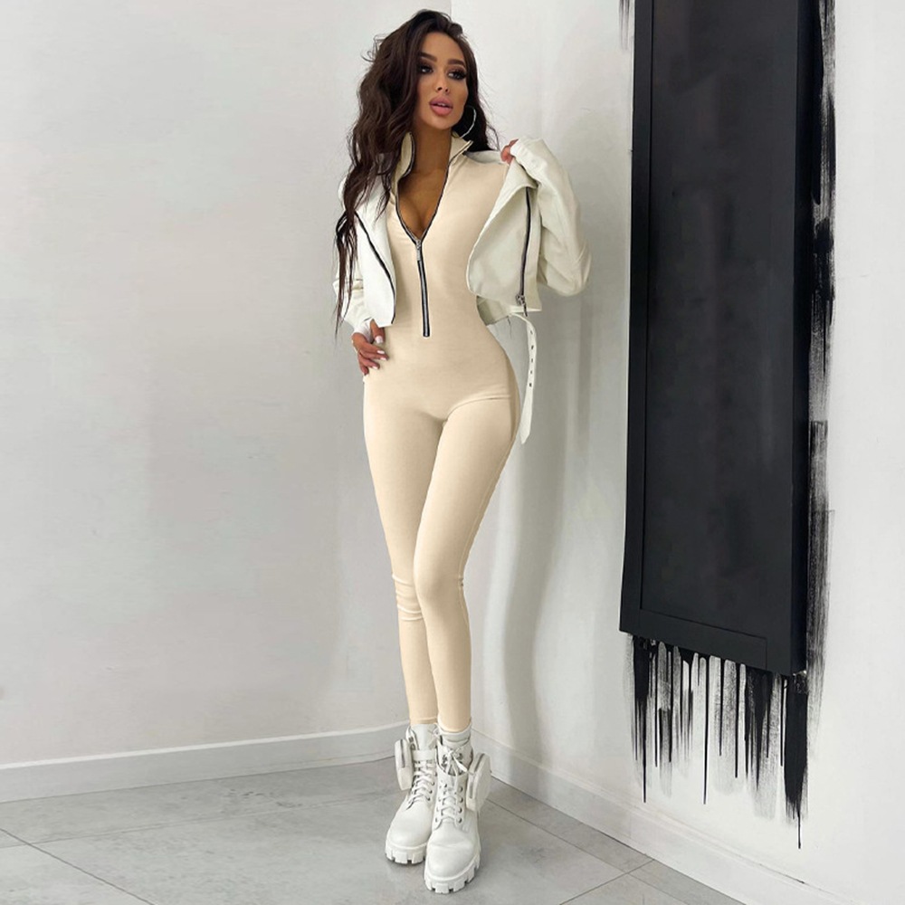 Long Sleeved Metal Zipper Slim Fit Sports Jumpsuit