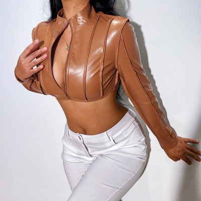 Long Sleeved Ultra Short Zipper Leather Jacket 01