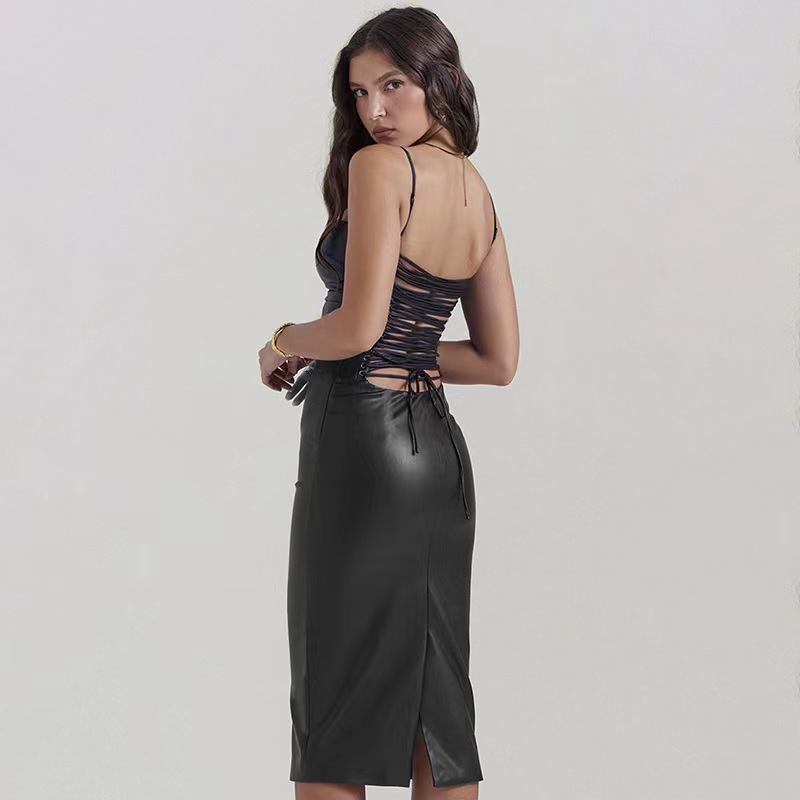 Sexy Pu Camisole Skirt With Slim Fit Backless Straps And Hip Hugging Skirt
