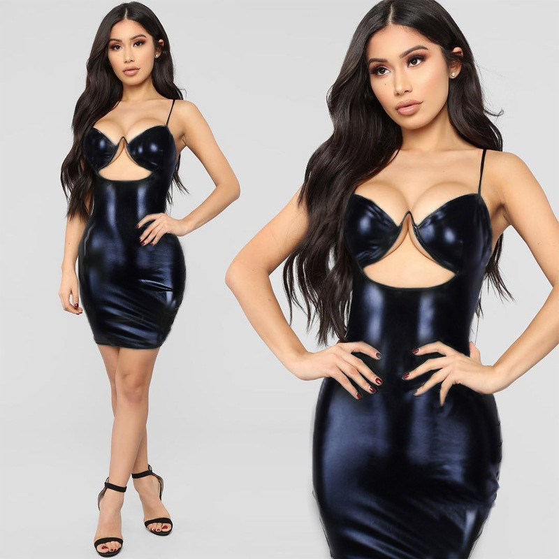 Sexy Women's PU Leather Dress With Hip Wrap