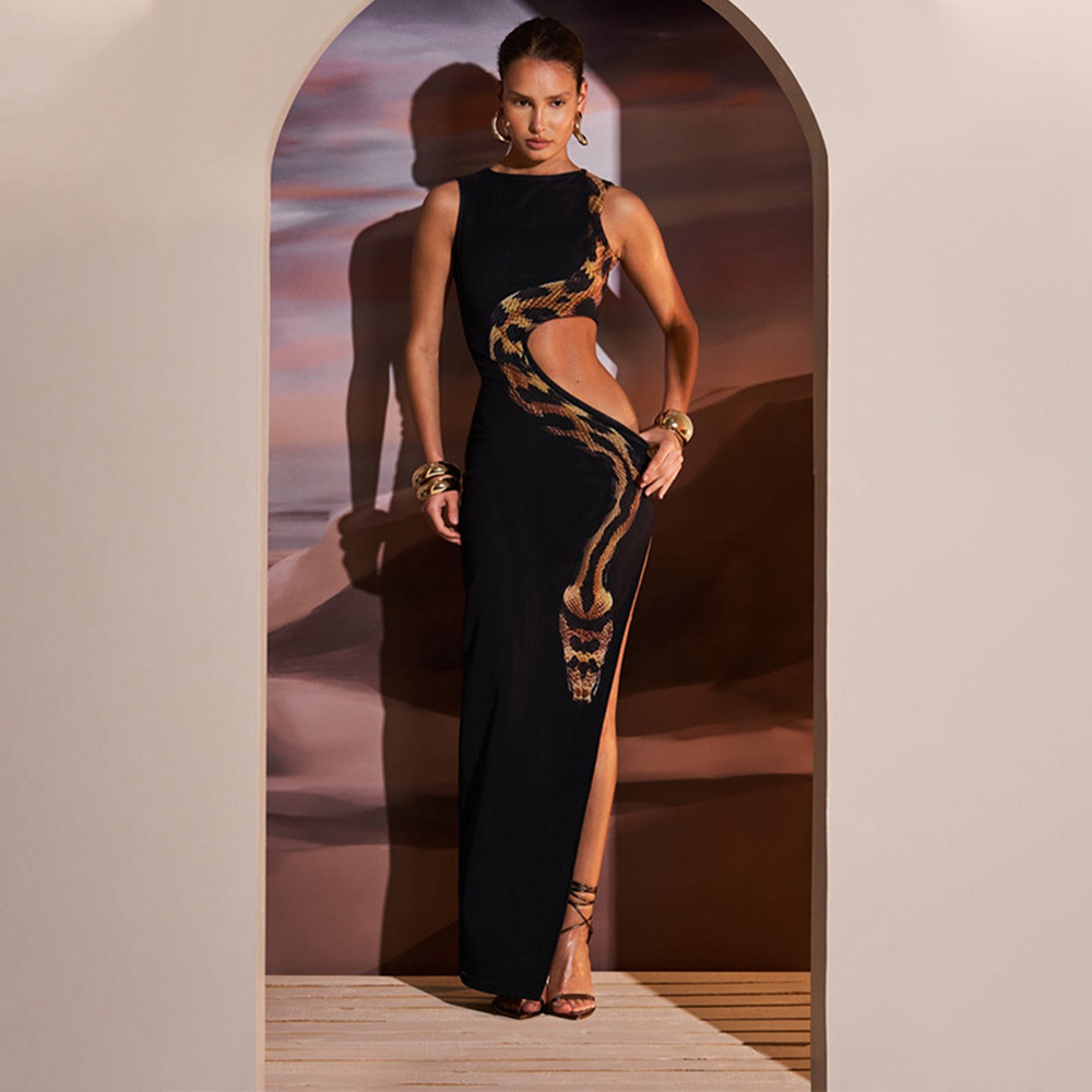 Sleeveless Sexy Slim Fit Slit Long Skirt With Hollow Out Design