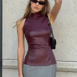 Solid Color PU Slim Fit And Slimming Half High Neck Sleeveless Vest