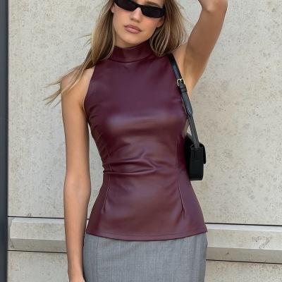 Solid Color PU Slim Fit And Slimming Half High Neck Sleeveless Vest 02