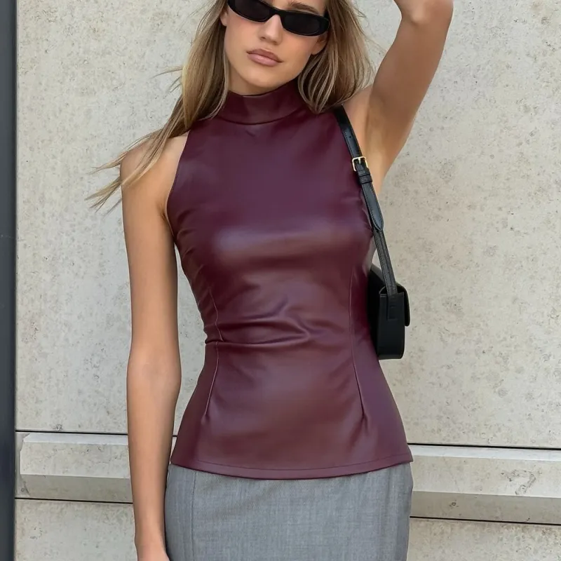 Solid Color PU Slim Fit And Slimming Half High Neck Sleeveless Vest