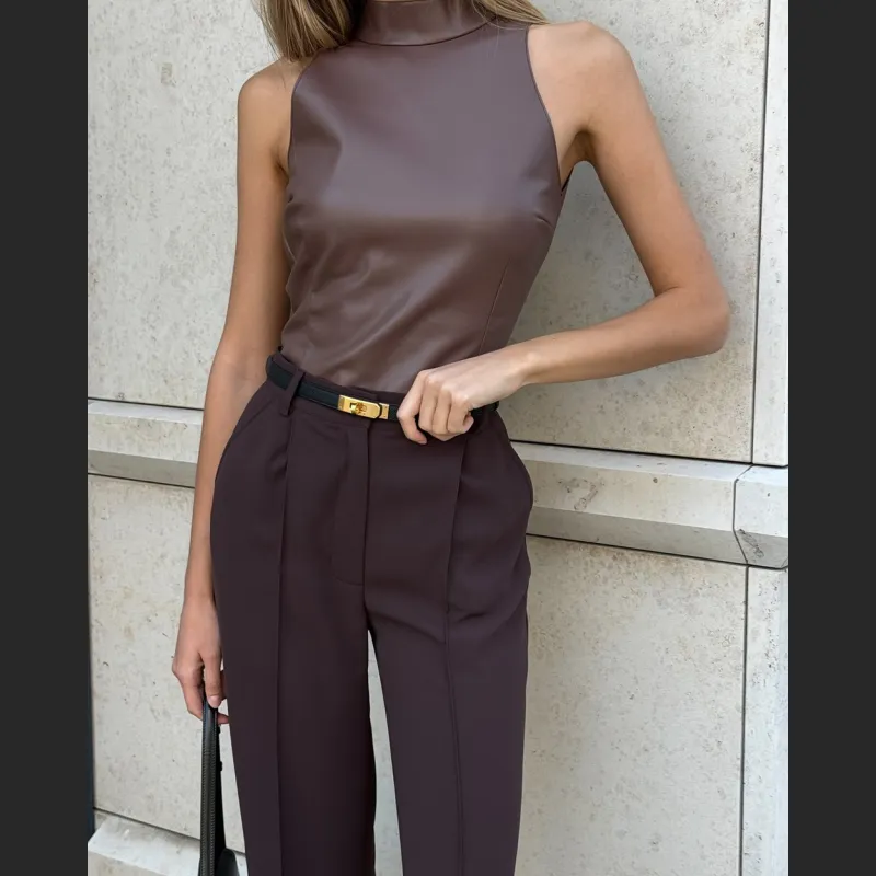 Solid Color PU Slim Fit And Slimming Half High Neck Sleeveless Vest