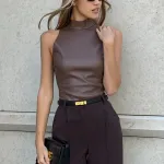Solid Color PU Slim Fit And Slimming Half High Neck Sleeveless Vest