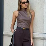 Solid Color PU Slim Fit And Slimming Half High Neck Sleeveless Vest