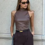 Solid Color PU Slim Fit And Slimming Half High Neck Sleeveless Vest