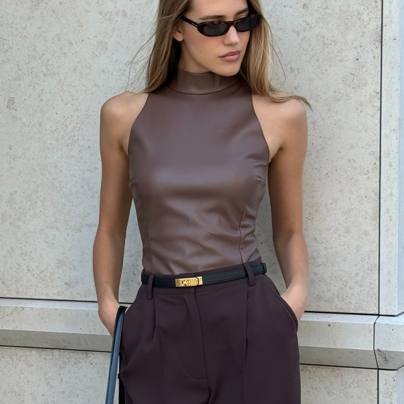 Solid Color PU Slim Fit And Slimming Half High Neck Sleeveless Vest