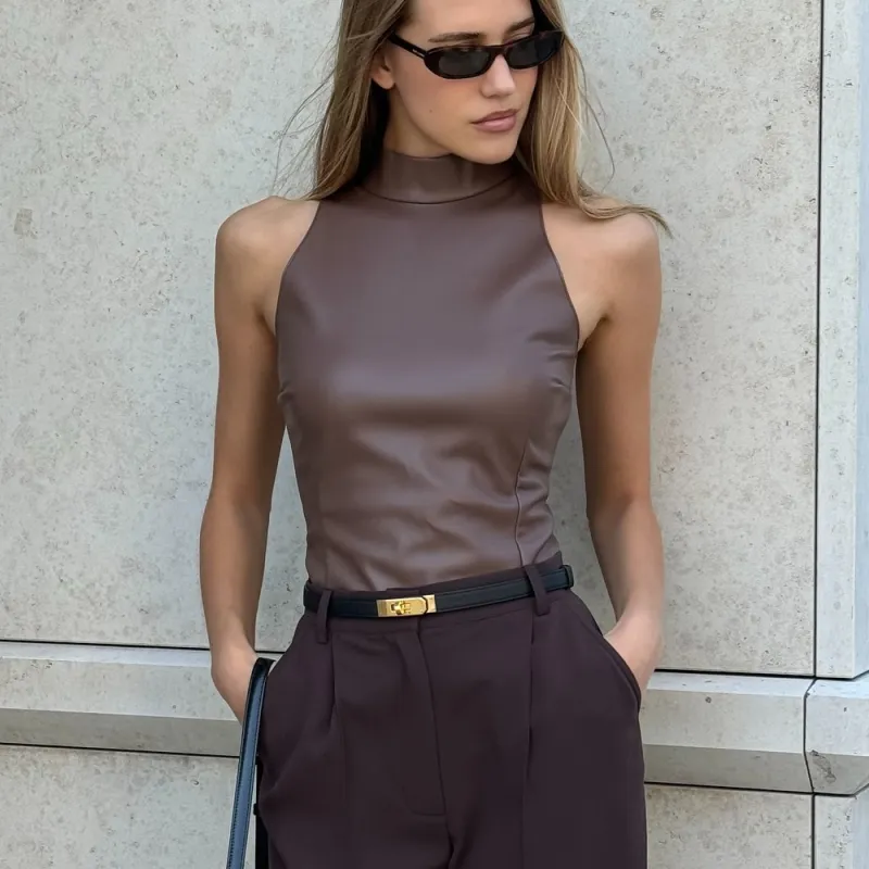 Solid Color PU Slim Fit And Slimming Half High Neck Sleeveless Vest