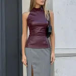 Solid Color PU Slim Fit And Slimming Half High Neck Sleeveless Vest