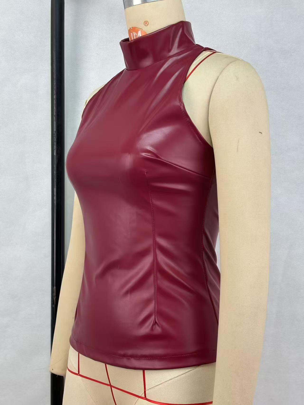 Solid Color PU Slim Fit And Slimming Half High Neck Sleeveless Vest