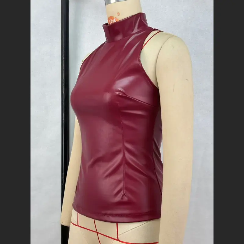 Solid Color PU Slim Fit And Slimming Half High Neck Sleeveless Vest