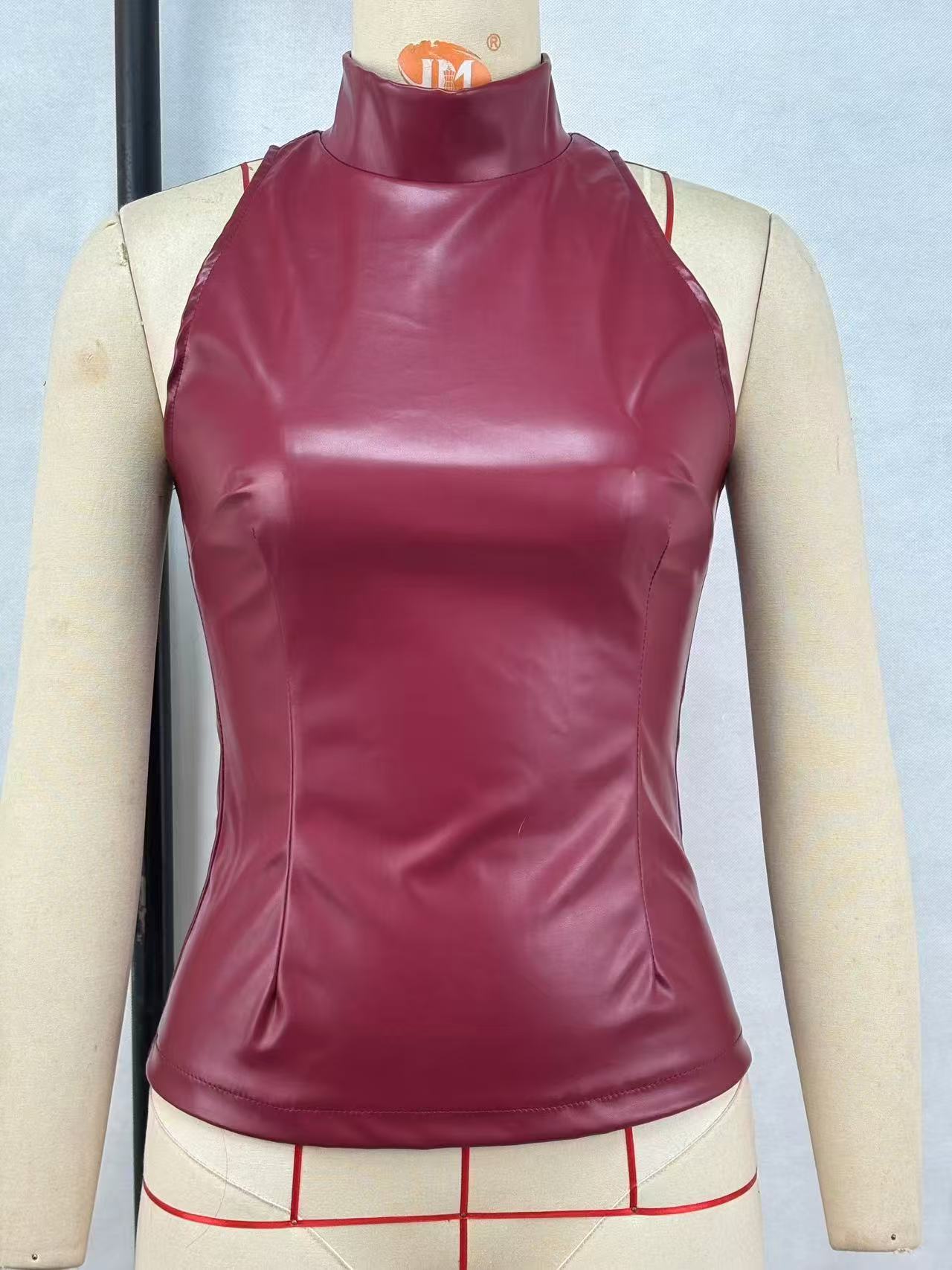 Solid Color PU Slim Fit And Slimming Half High Neck Sleeveless Vest