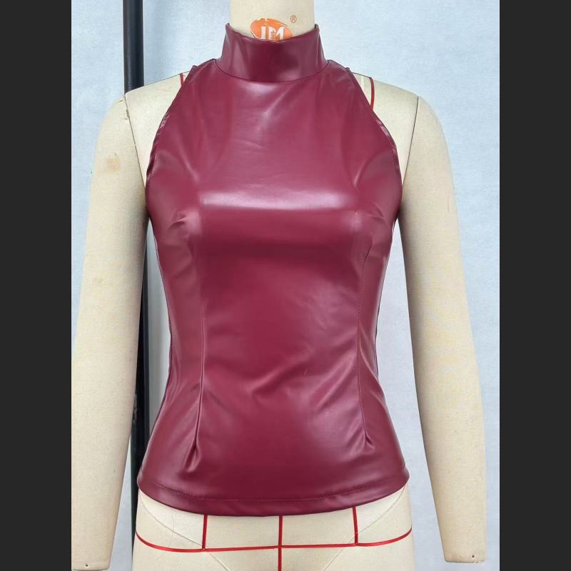 Solid Color PU Slim Fit And Slimming Half High Neck Sleeveless Vest