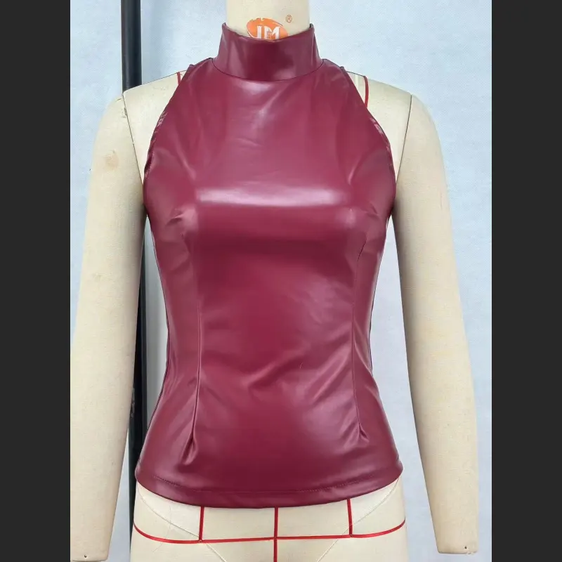 Solid Color PU Slim Fit And Slimming Half High Neck Sleeveless Vest