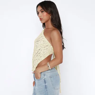 Solid Color Waist Exposed Asymmetrical Sloping Collar Top 02