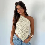 Solid Color Waist Exposed Asymmetrical Sloping Collar Top