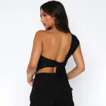 Solid Color Waist Exposed Asymmetrical Sloping Collar Top