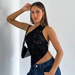 Solid Color Waist Exposed Asymmetrical Sloping Collar Top