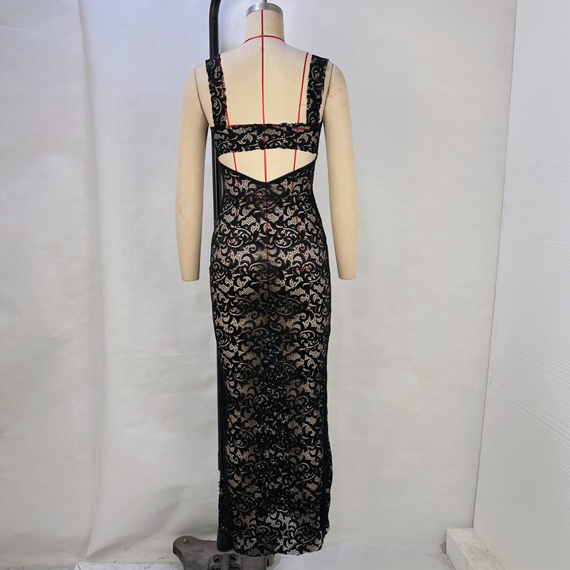 Fashionable Lace See Through Hollow Waist Bag Waist Waist Mid Length Dress