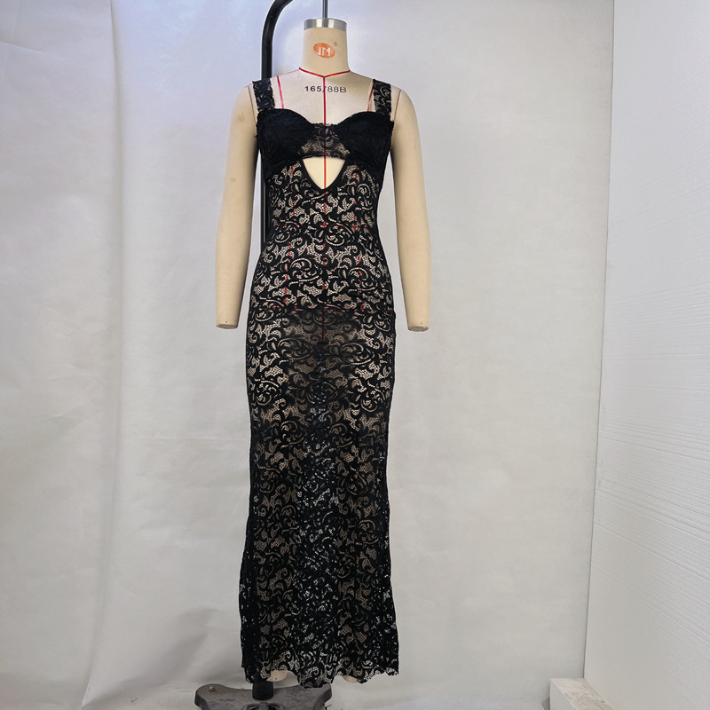 Fashionable Lace See Through Hollow Waist Bag Waist Waist Mid Length Dress