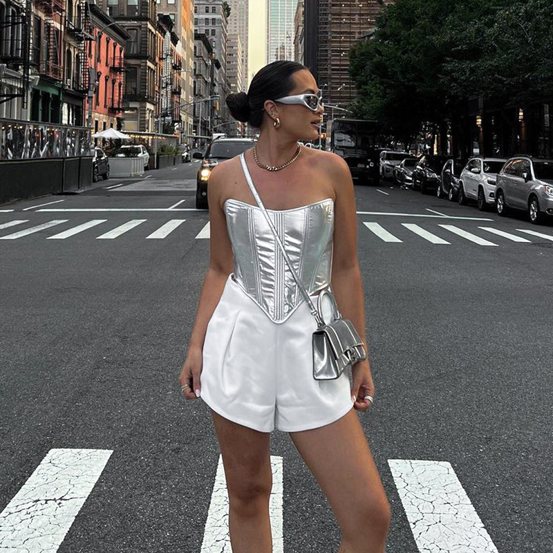 Fashionable Metallic Waistband Top Sexy Base Shirt Strapless Vest