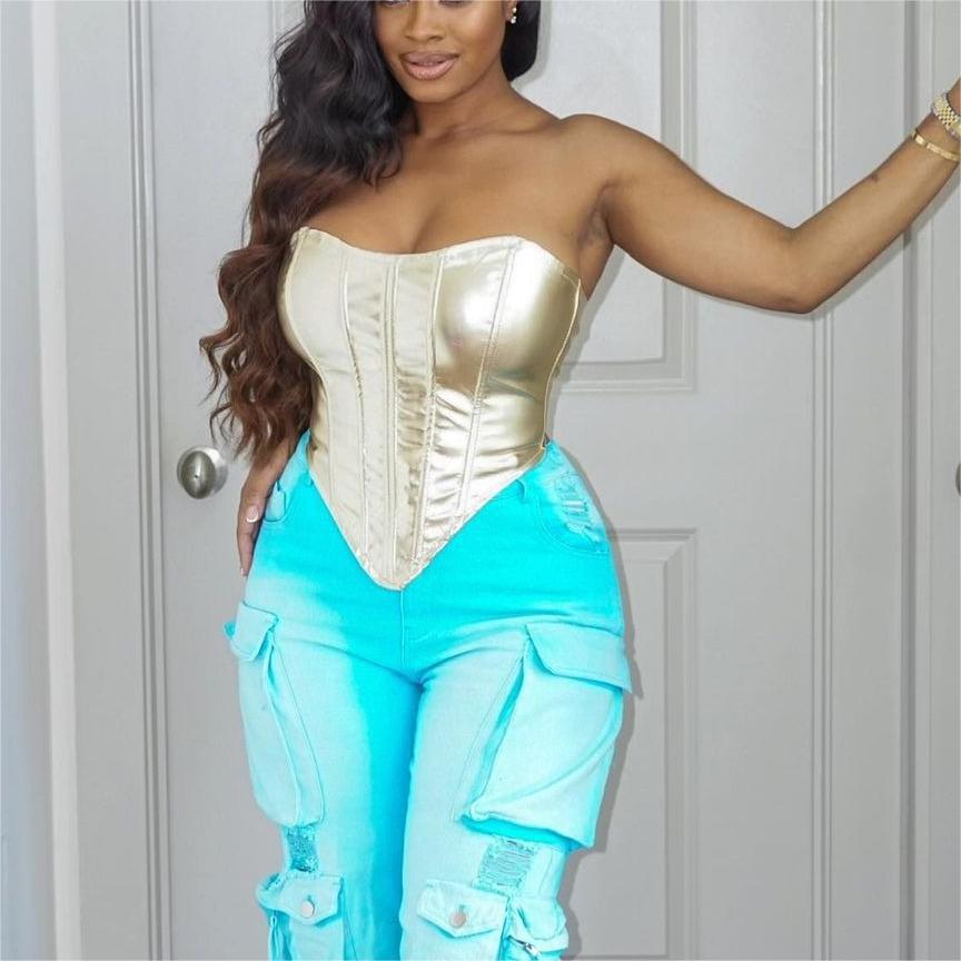 Fashionable Metallic Waistband Top Sexy Base Shirt Strapless Vest