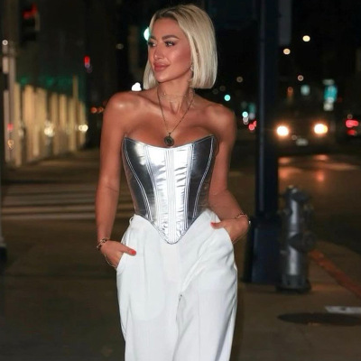 Fashionable Metallic Waistband Top Sexy Base Shirt Strapless Vest 02