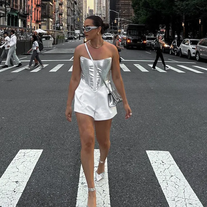 Fashionable Metallic Waistband Top Sexy Base Shirt Strapless Vest