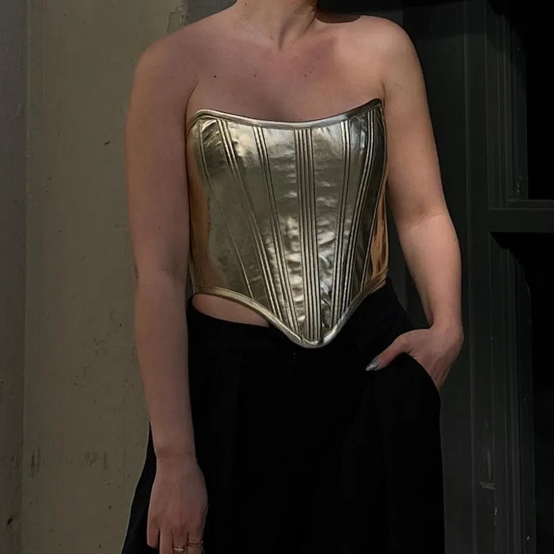Fashionable Metallic Waistband Top Sexy Base Shirt Strapless Vest