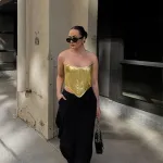 Fashionable Metallic Waistband Top Sexy Base Shirt Strapless Vest