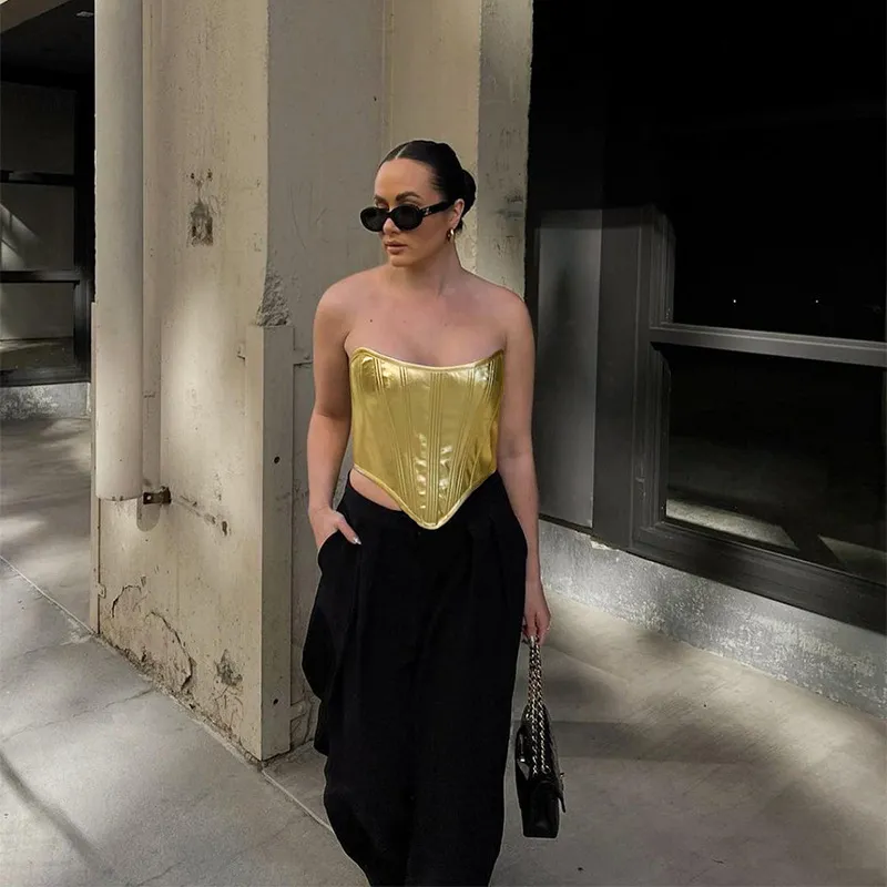 Fashionable Metallic Waistband Top Sexy Base Shirt Strapless Vest
