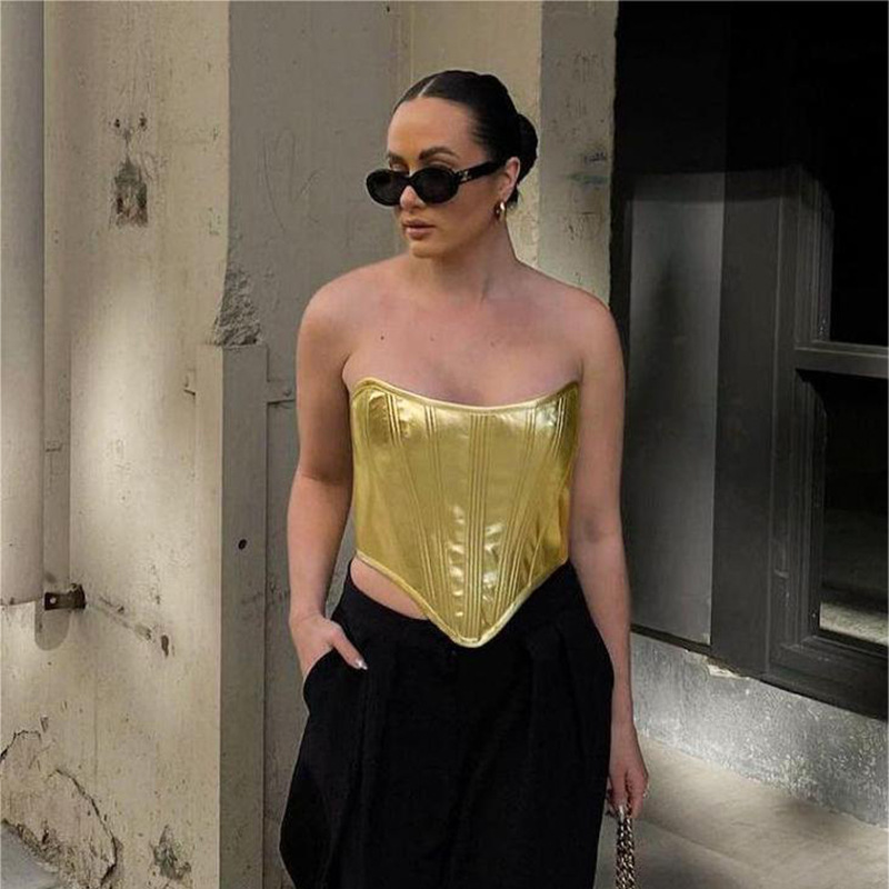 Fashionable Metallic Waistband Top Sexy Base Shirt Strapless Vest