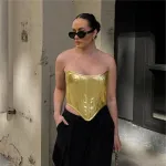 Fashionable Metallic Waistband Top Sexy Base Shirt Strapless Vest