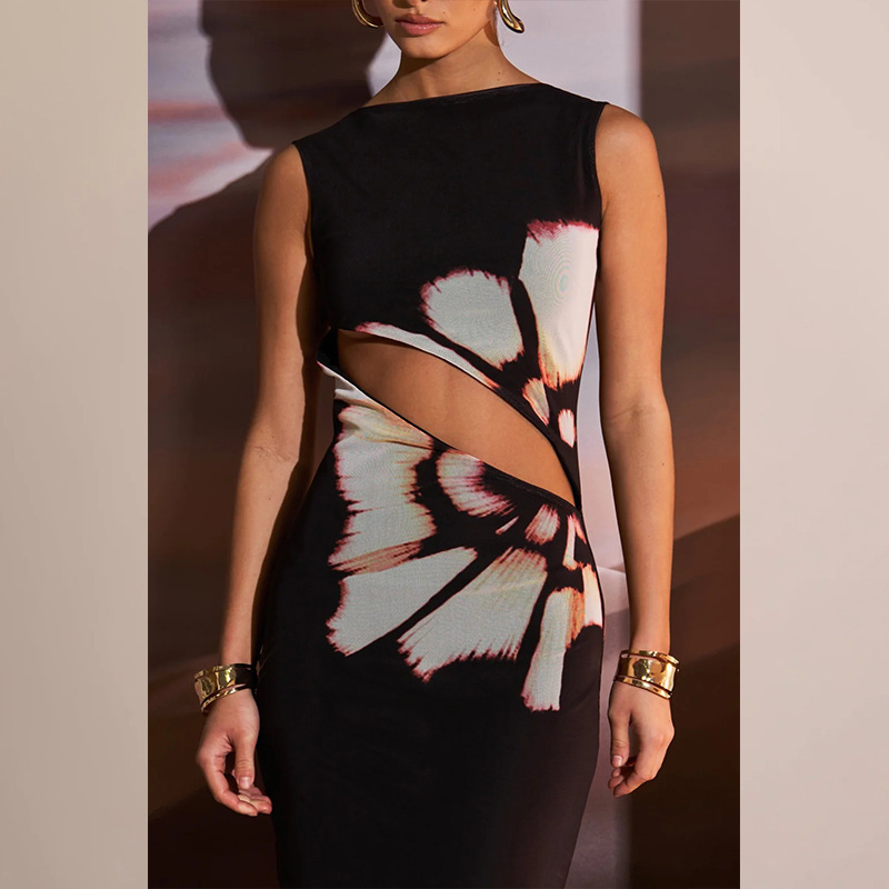 Fashionable Retro Printed Sleeveless Hollow Out Sexy Slim Fit Patchwork Dress