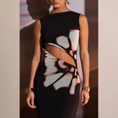 Fashionable Retro Printed Sleeveless Hollow Out Sexy Slim Fit Patchwork Dress 02