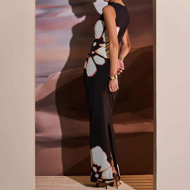 Fashionable Retro Printed Sleeveless Hollow Out Sexy Slim Fit Patchwork Dress