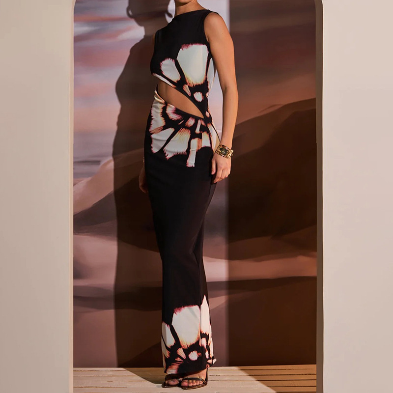 Fashionable Retro Printed Sleeveless Hollow Out Sexy Slim Fit Patchwork Dress