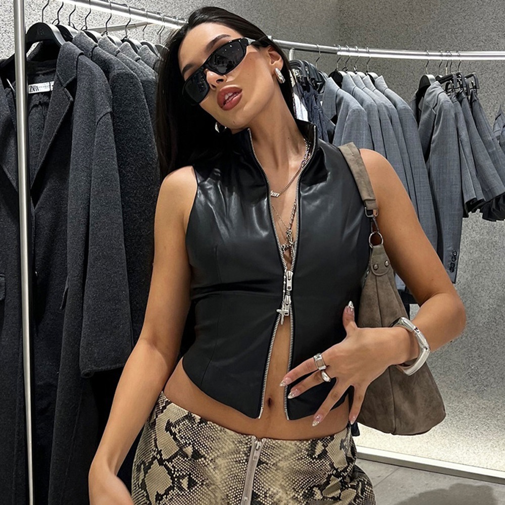 Fashionable Stand Up Collar Sexy Backless Slim Fit PU Vest