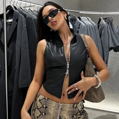 Fashionable Stand Up Collar Sexy Backless Slim Fit PU Vest 01