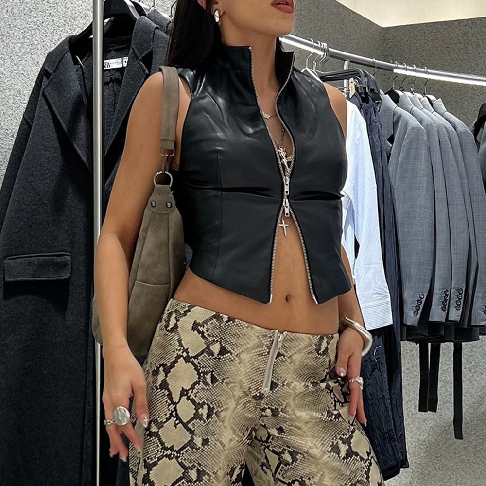 Fashionable Stand Up Collar Sexy Backless Slim Fit PU Vest