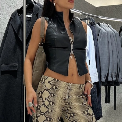 Fashionable Stand Up Collar Sexy Backless Slim Fit PU Vest 02