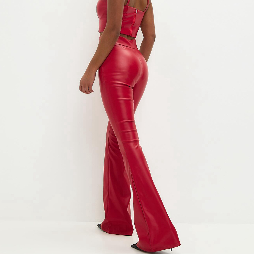 High Waisted Light Sensitive PU Leather Pants, Black Glossy Flared Pants